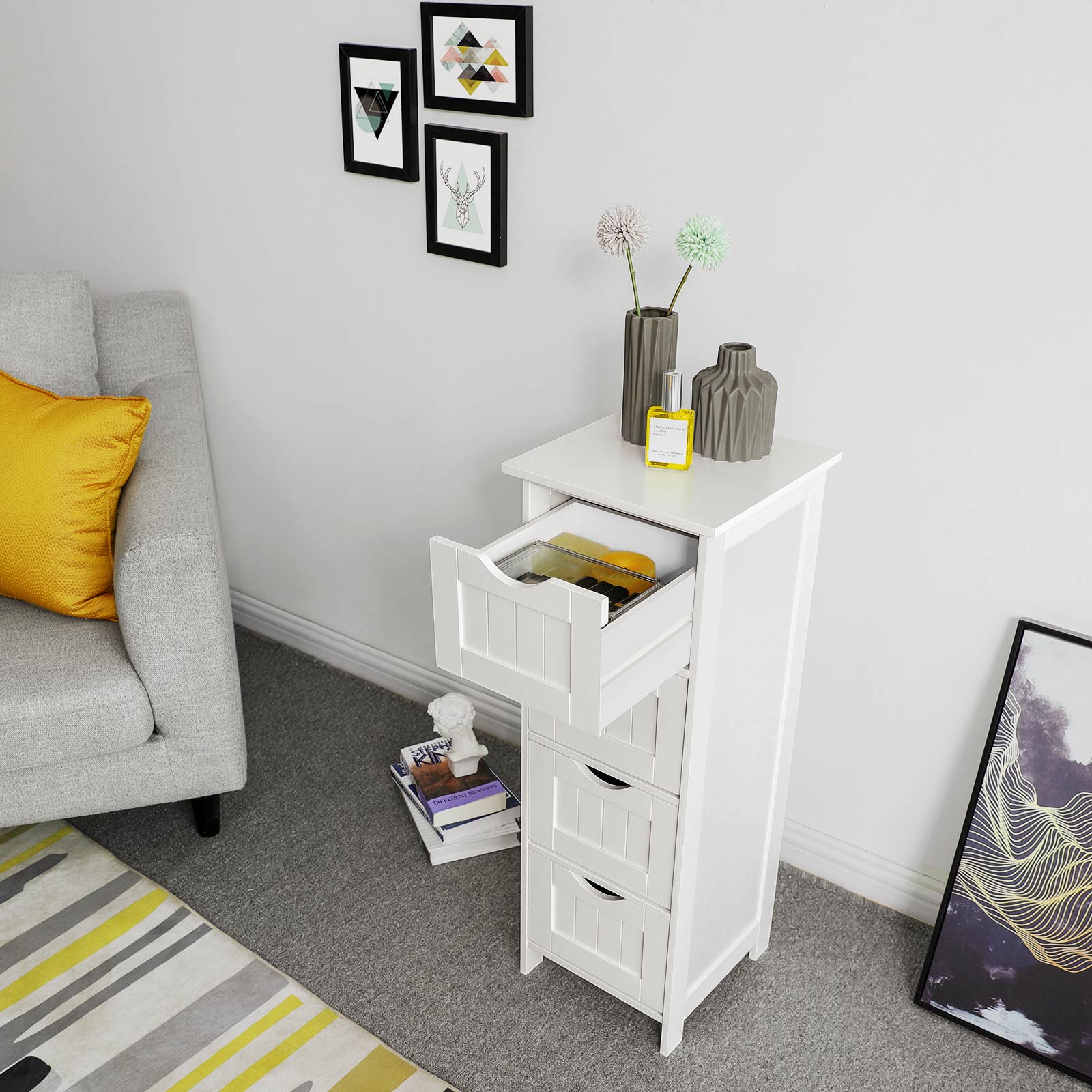 Storage Cabinet – Engineered Wood – Grey – Freestanding with 4 Drawers