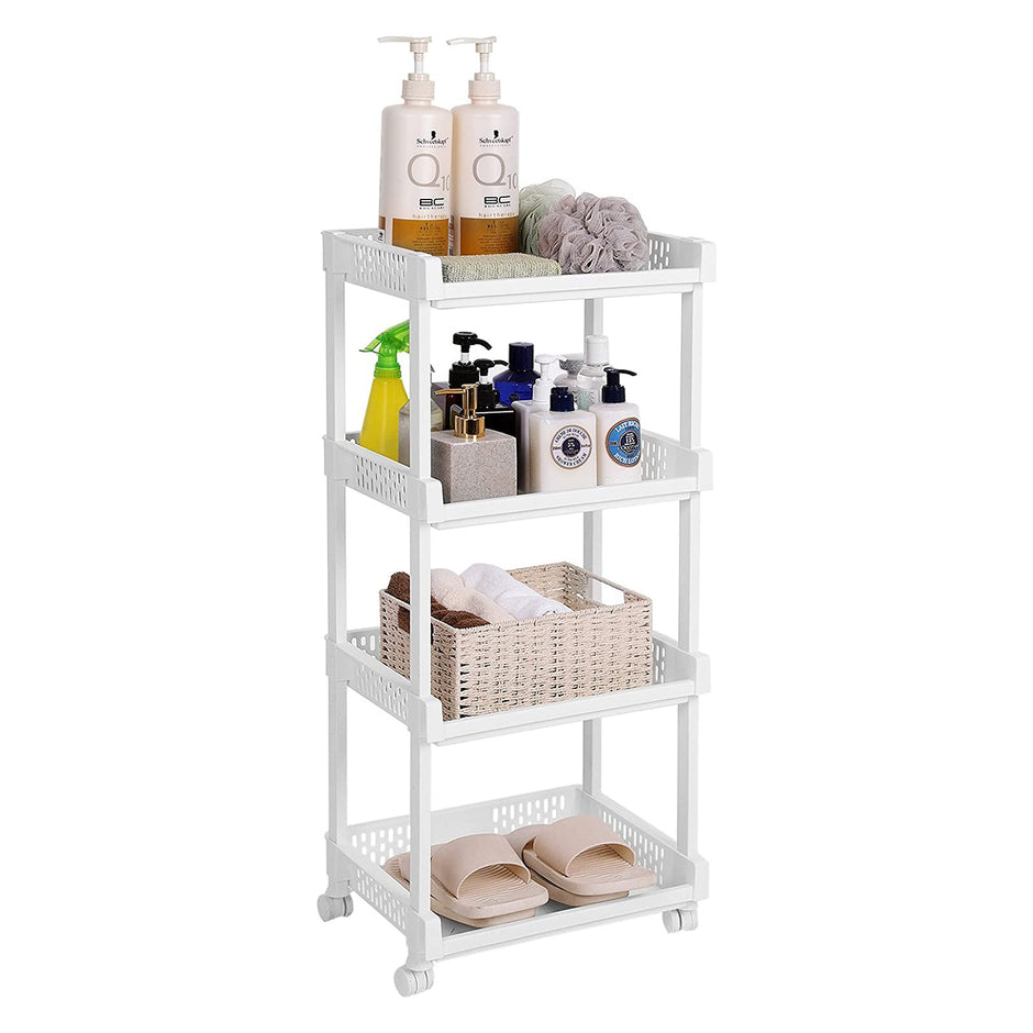 Rolling Kitchen Trolley – Wood – White – 4 Shelves, 86 cm Height