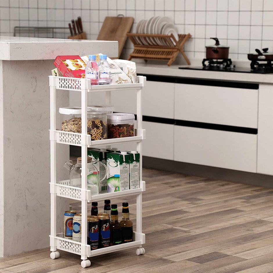 Rolling Kitchen Trolley – Wood – White – 4 Shelves, 86 cm Height