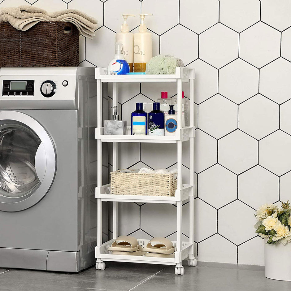 Rolling Kitchen Trolley – Wood – White – 4 Shelves, 86 cm Height