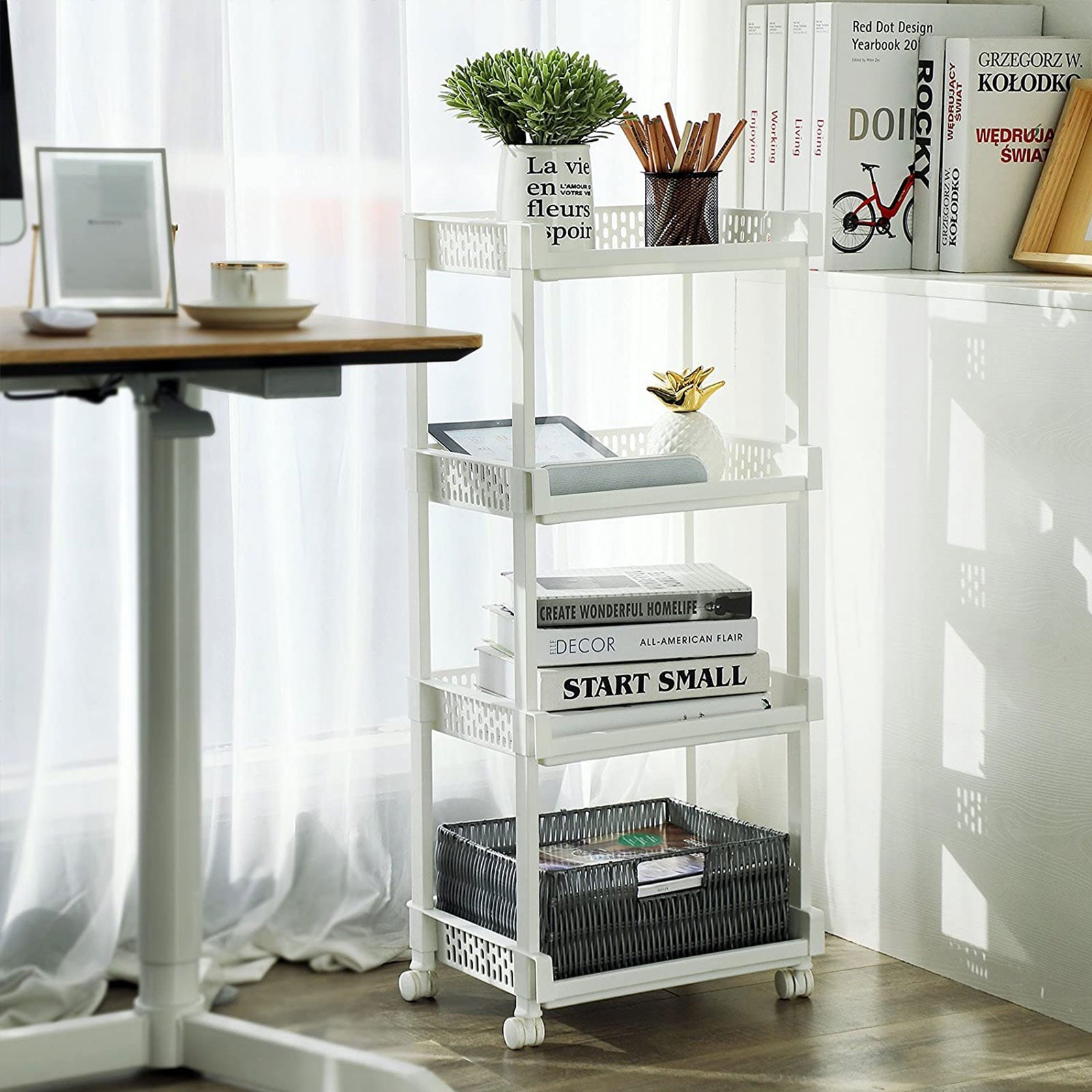 Rolling Kitchen Trolley – Wood – White – 4 Shelves, 86 cm Height