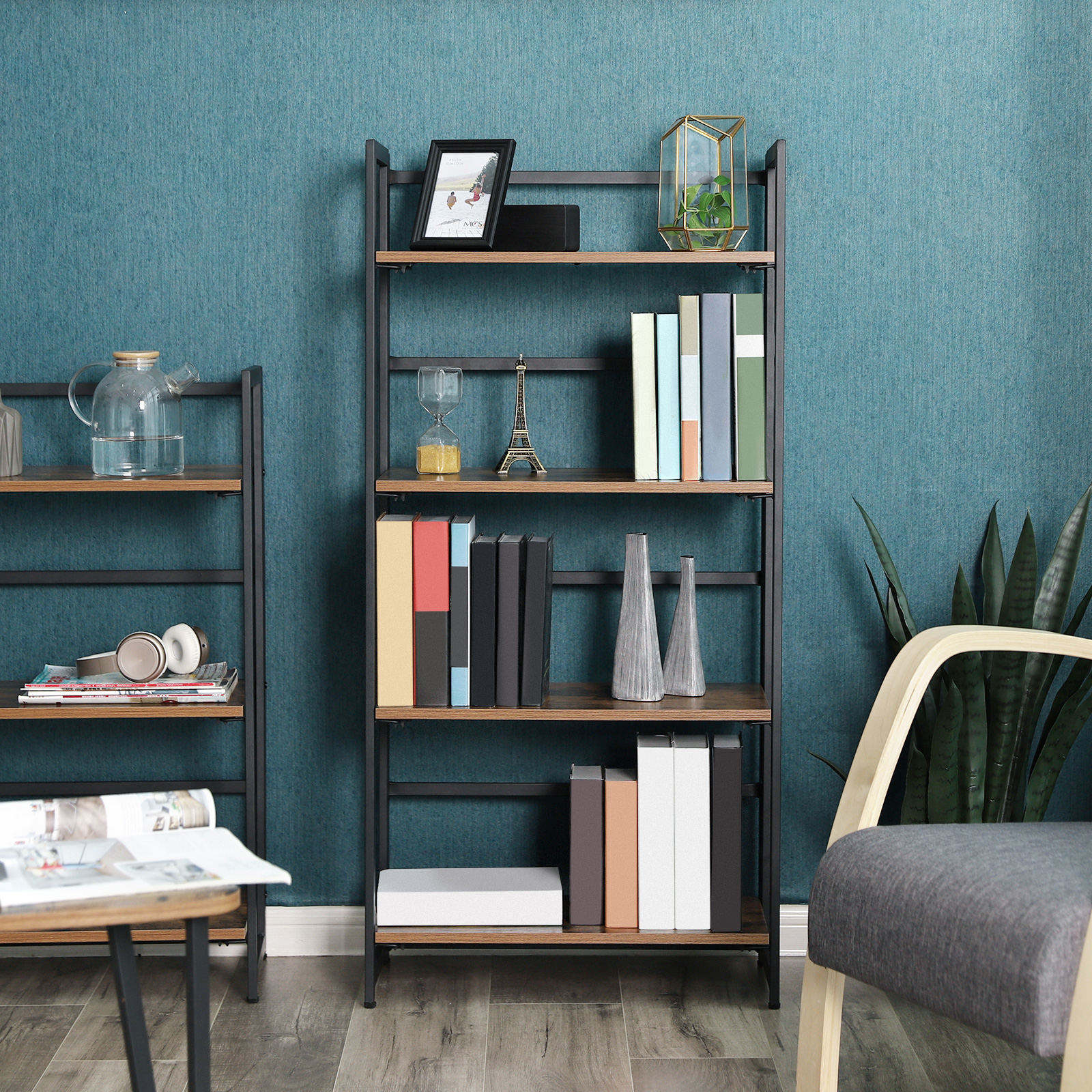 4-Tier Bookshelf – Metal Frame – Rustic Brown – Multifunctional Folding Design