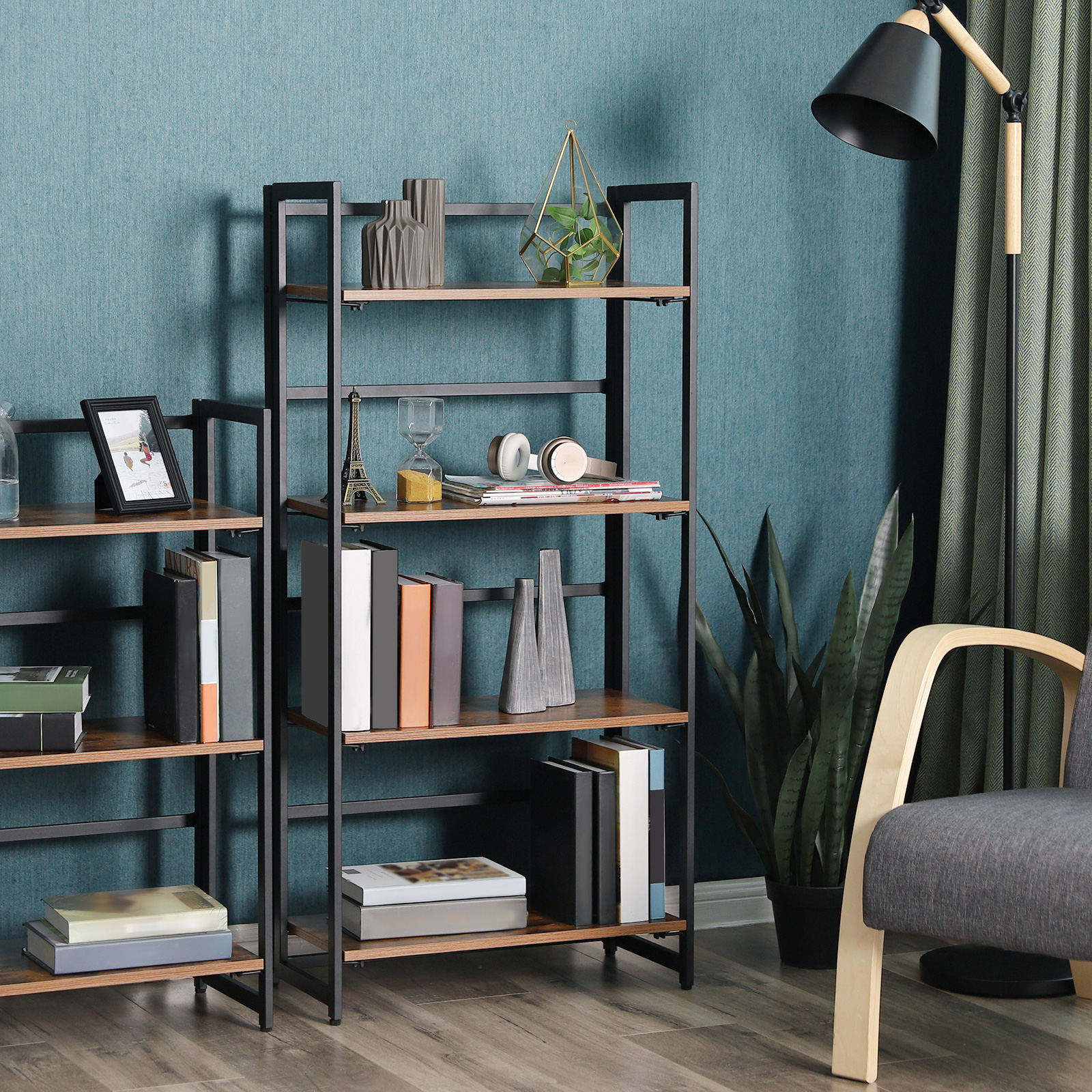 4-Tier Bookshelf – Metal Frame – Rustic Brown – Multifunctional Folding Design