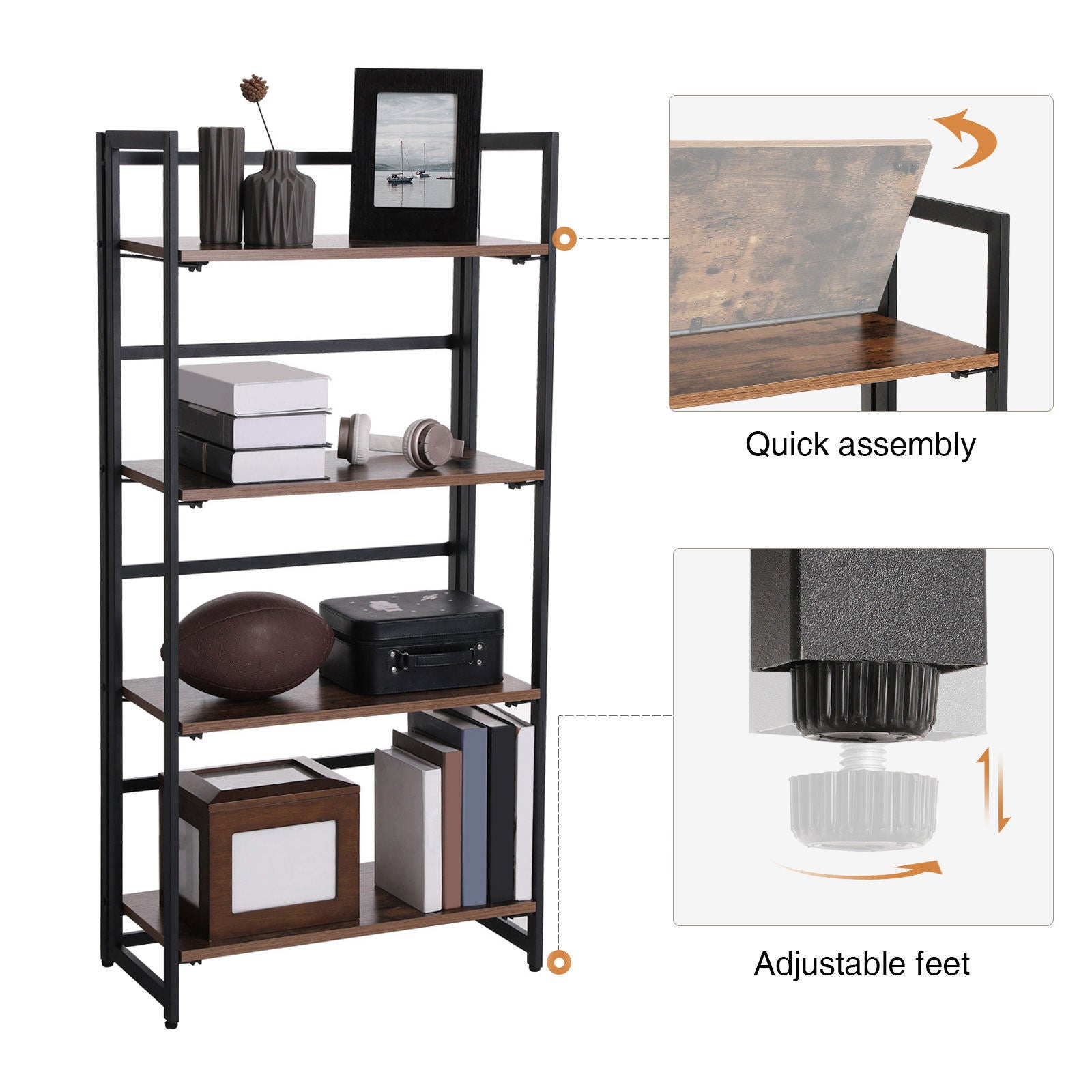 4-Tier Bookshelf – Metal Frame – Rustic Brown – Multifunctional Folding Design