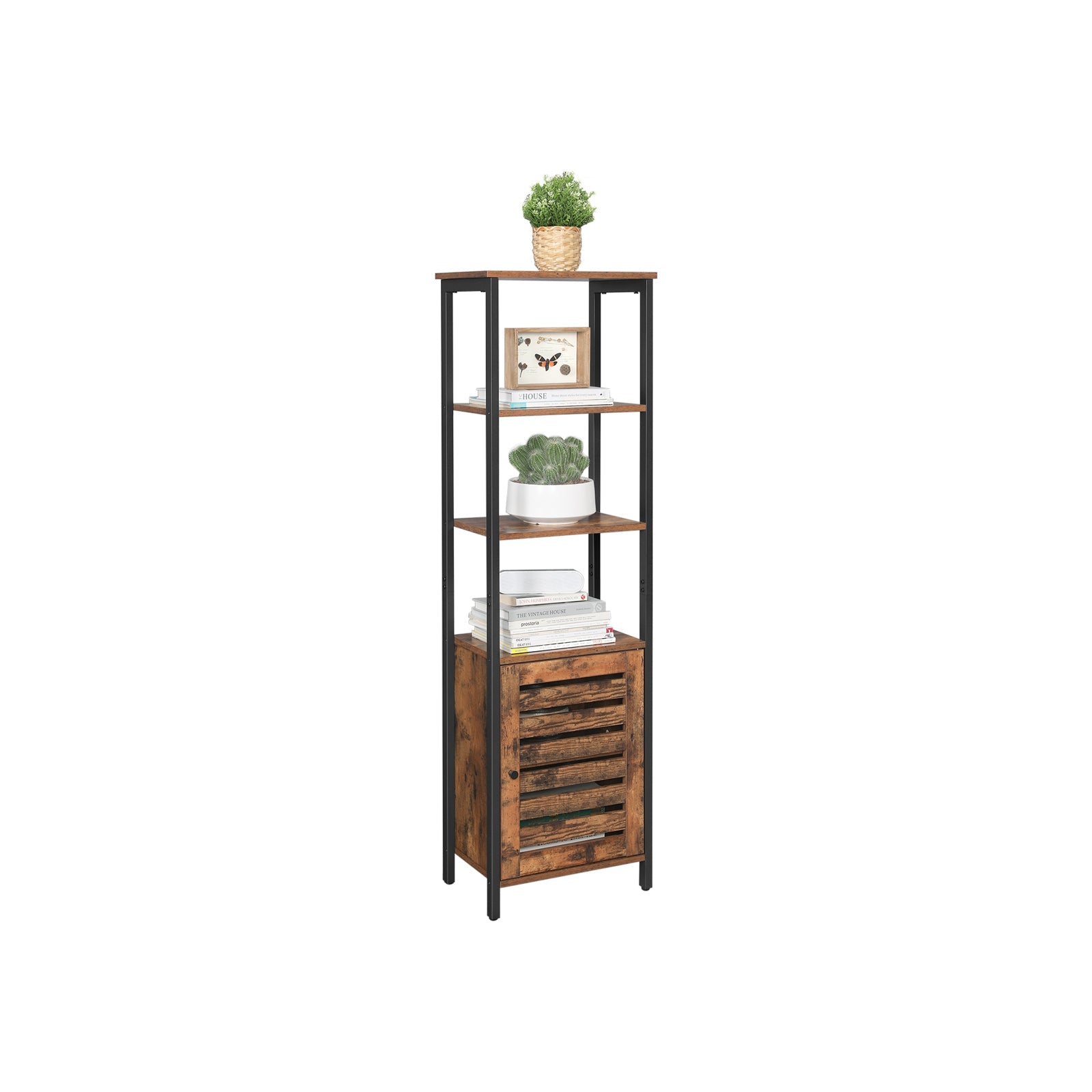 Tall Storage Cabinet – Steel – Rustic Brown and Black – Adjustable Shelves and Space-Saving Design