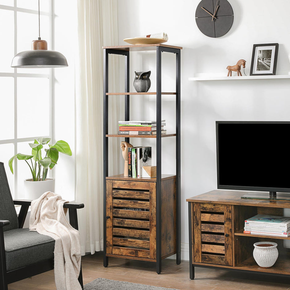 Tall Storage Cabinet – Steel – Rustic Brown and Black – Adjustable Shelves and Space-Saving Design