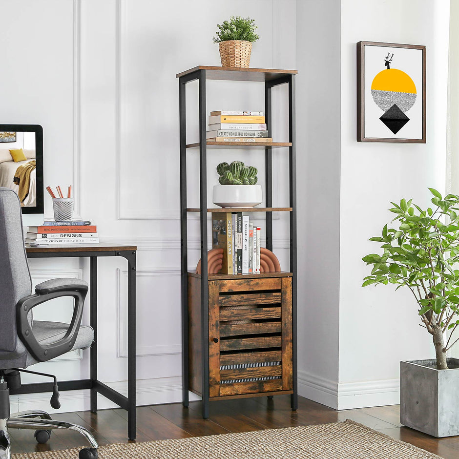 Tall Storage Cabinet – Steel – Rustic Brown and Black – Adjustable Shelves and Space-Saving Design