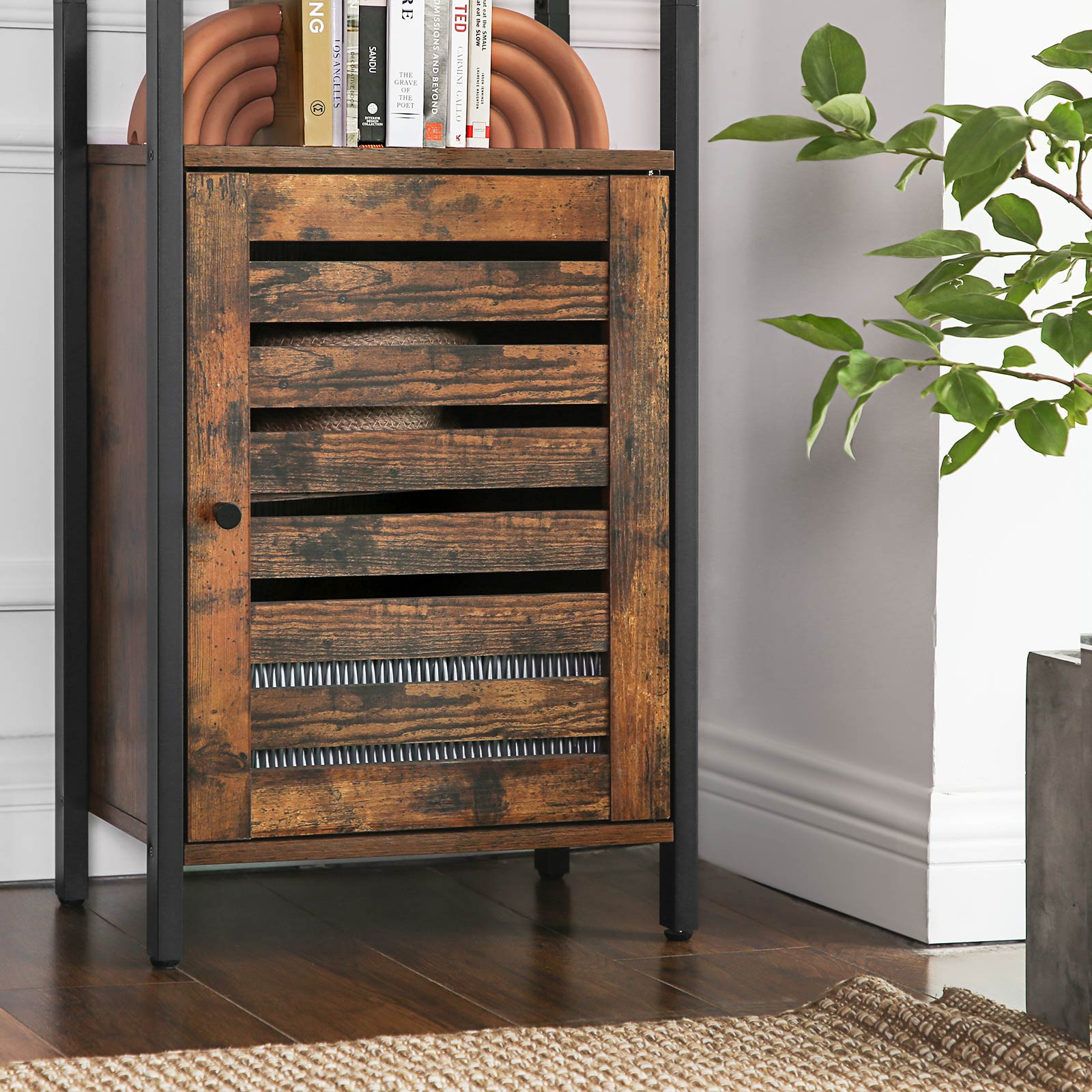 Tall Storage Cabinet – Steel – Rustic Brown and Black – Adjustable Shelves and Space-Saving Design