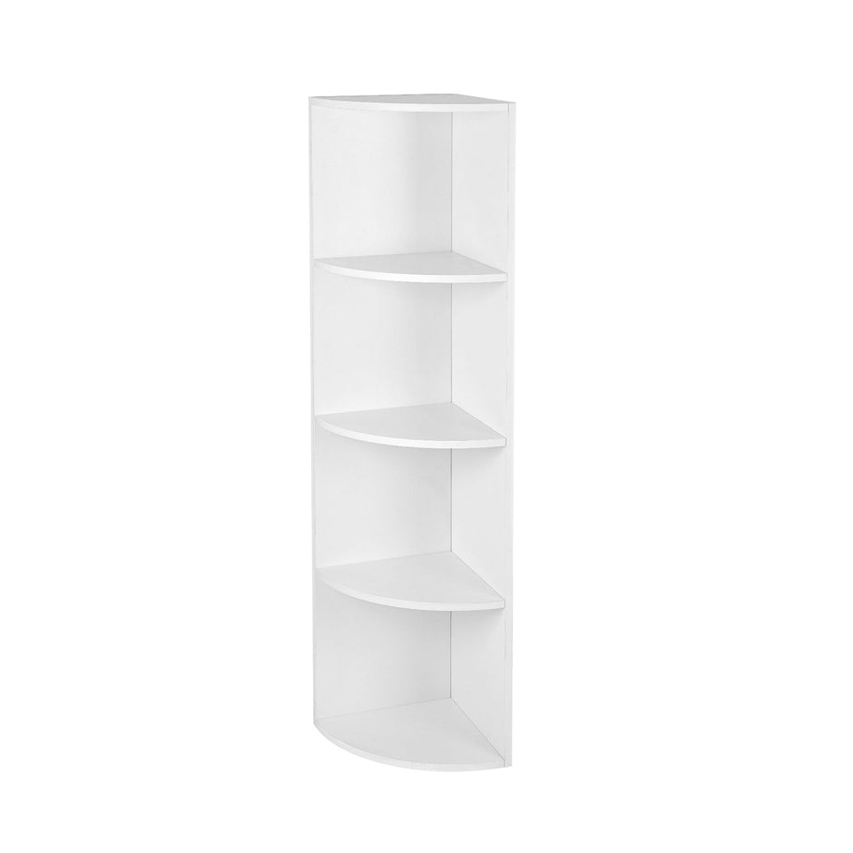 4-Tier Corner Shelf – Wood – White – Freestanding Display Storage