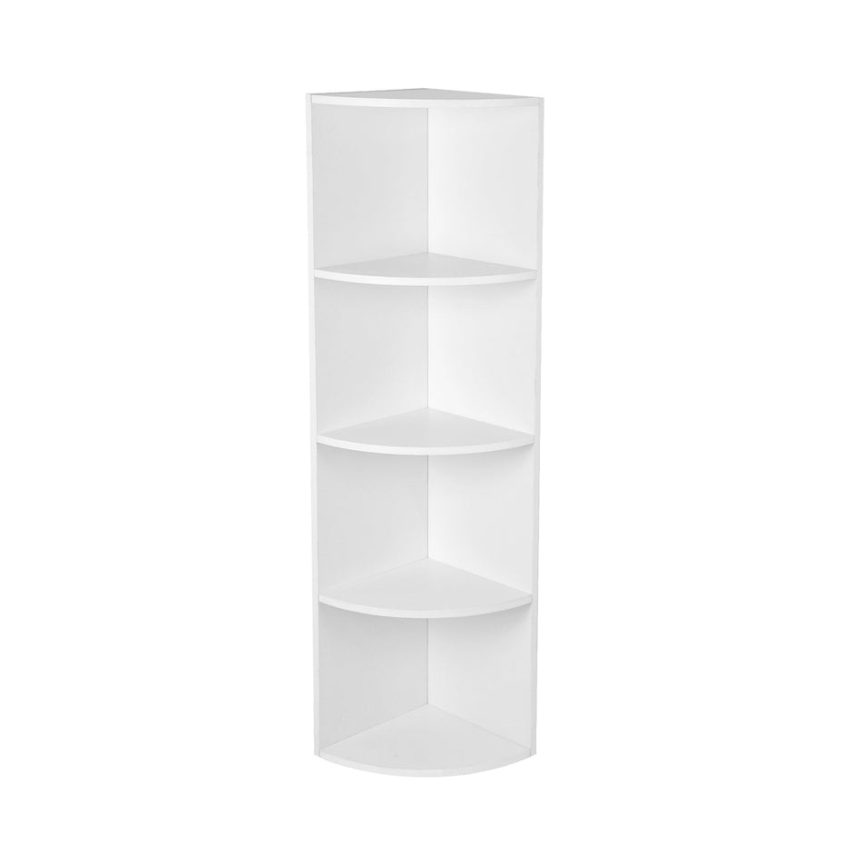 4-Tier Corner Shelf – Wood – White – Freestanding Display Storage