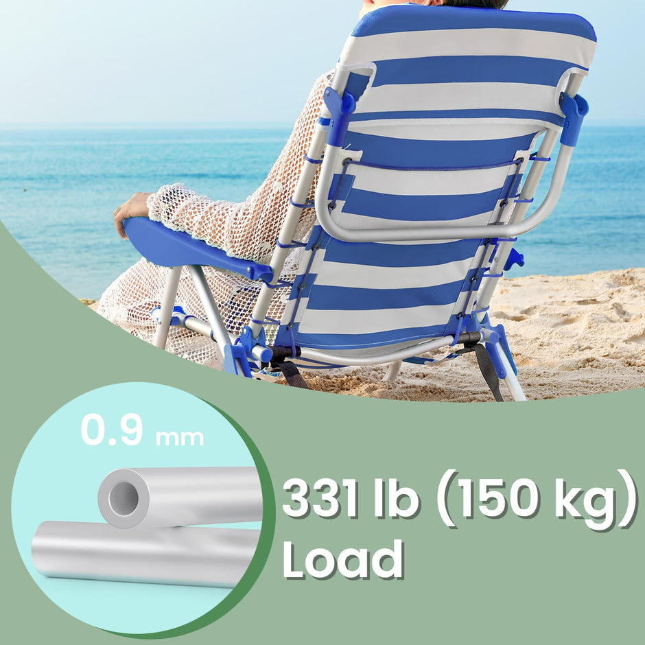 Folding Camping Chair – Fabric – Green and White – Adjustable Backrest with Headrest and Side Pockets