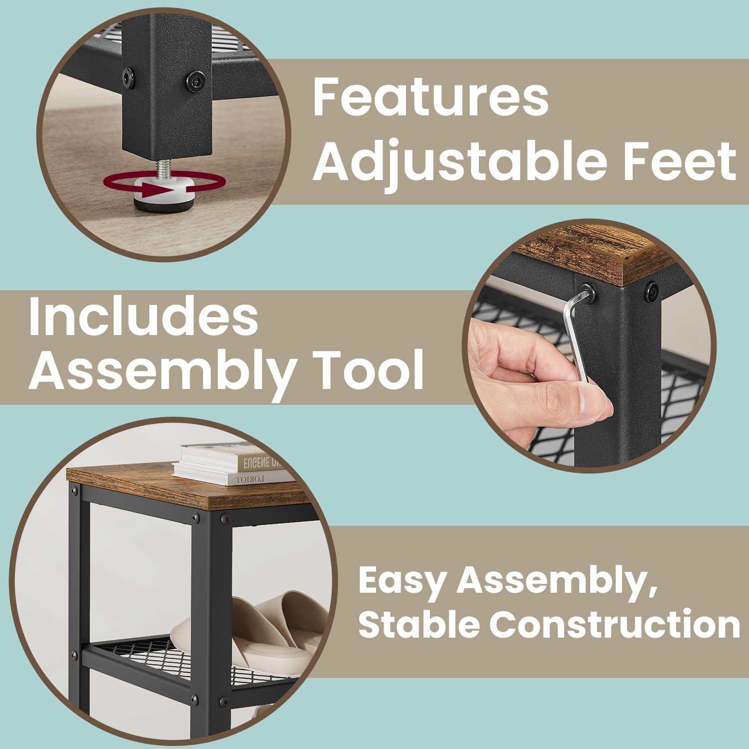 Shoe Bench – Steel – Rustic Brown and Black – 2 Shelves for Entryway Organization