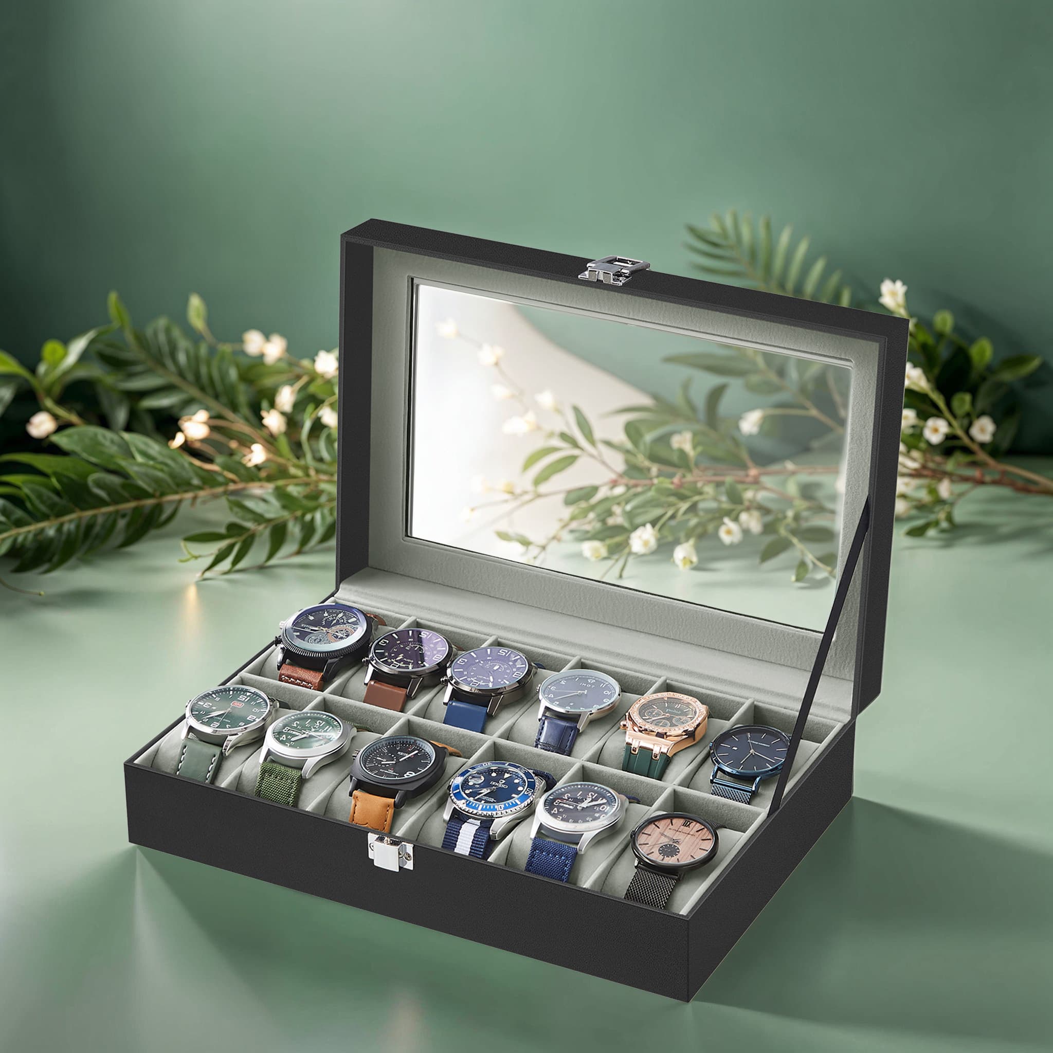 12-Slot Watch Box Organizer – Synthetic Leather – Black with Greenish Grey Lining – Large Glass Lid and Removable Watch Pillows