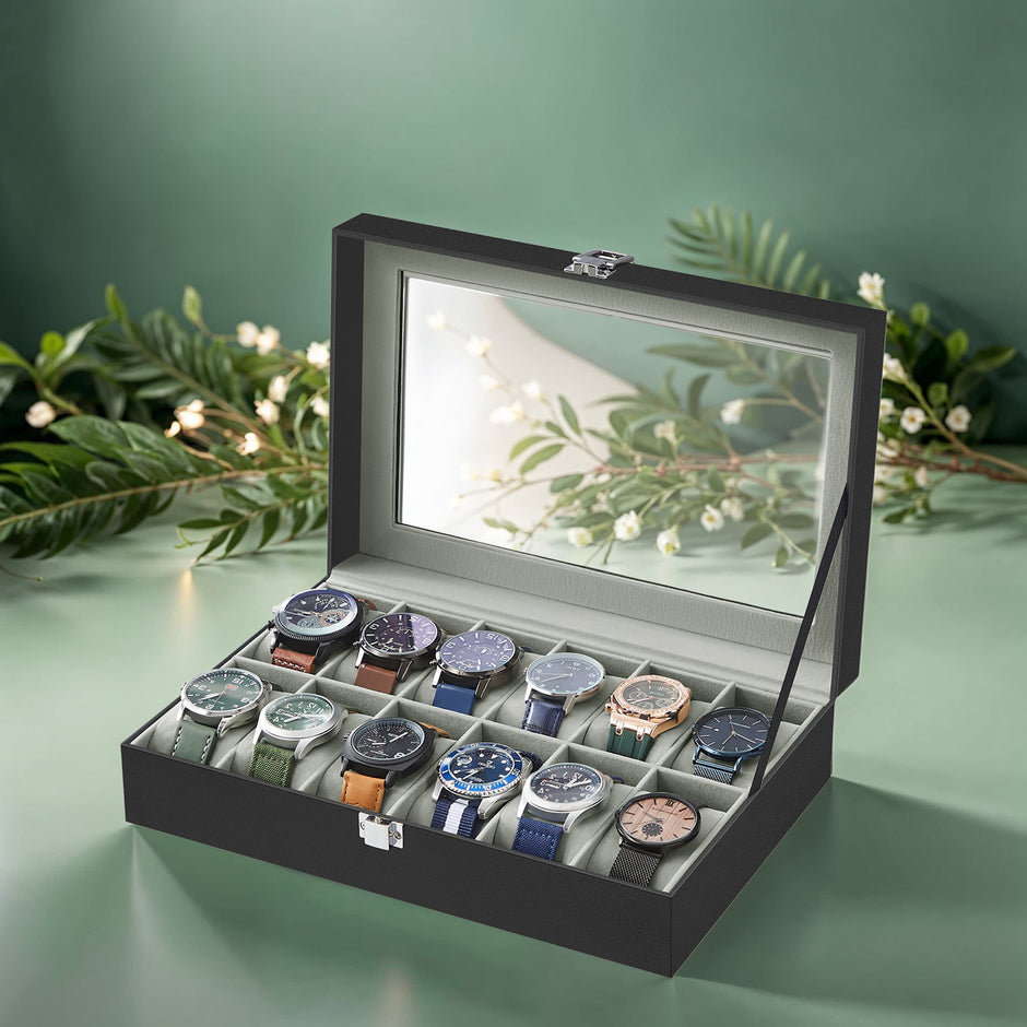 12-Slot Watch Box Organizer – Synthetic Leather – Black with Greenish Grey Lining – Large Glass Lid and Removable Watch Pillows