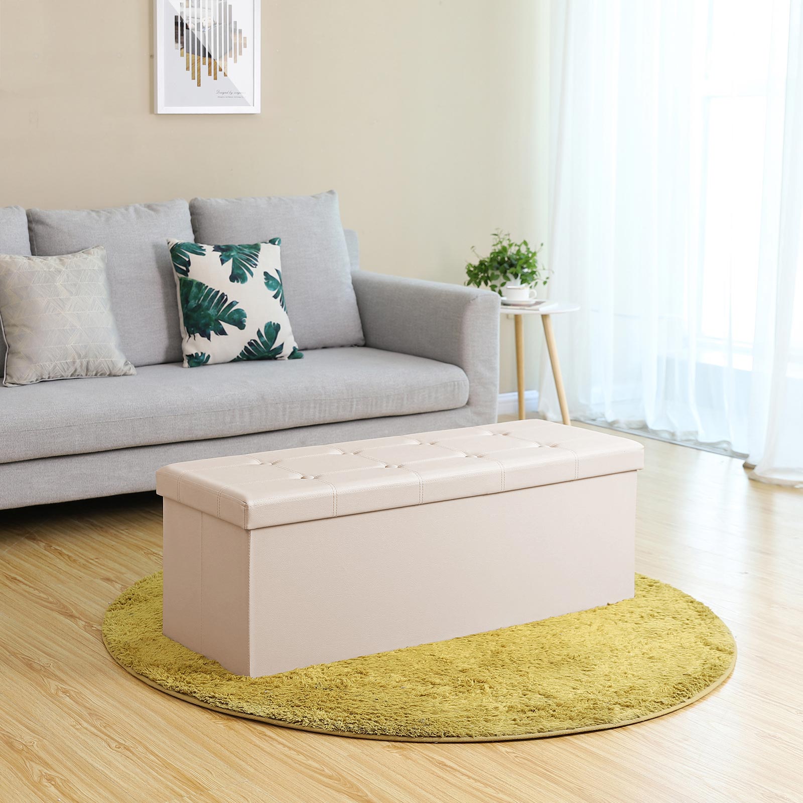 Large Faux Leather Ottoman – Beige – Storage Toy Chest – Max Load 300 kg