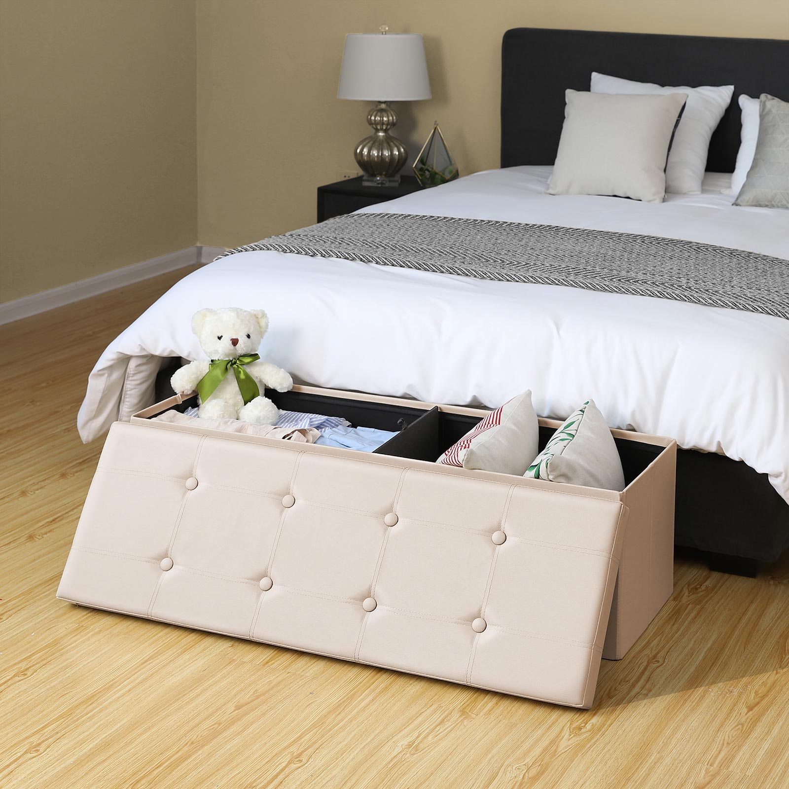 Large Faux Leather Ottoman – Beige – Storage Toy Chest – Max Load 300 kg