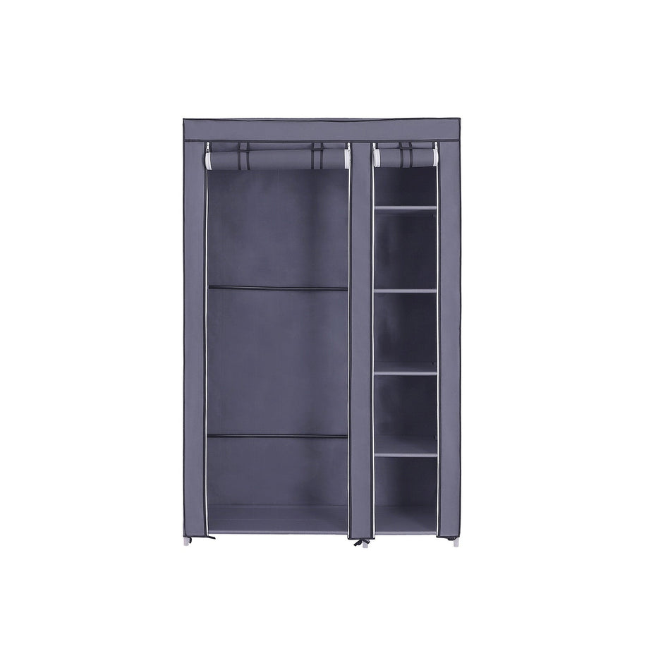 Portable Clothes Closet – Canvas – Grey – Double Wardrobe with 6 Shelves and Hanging Rail