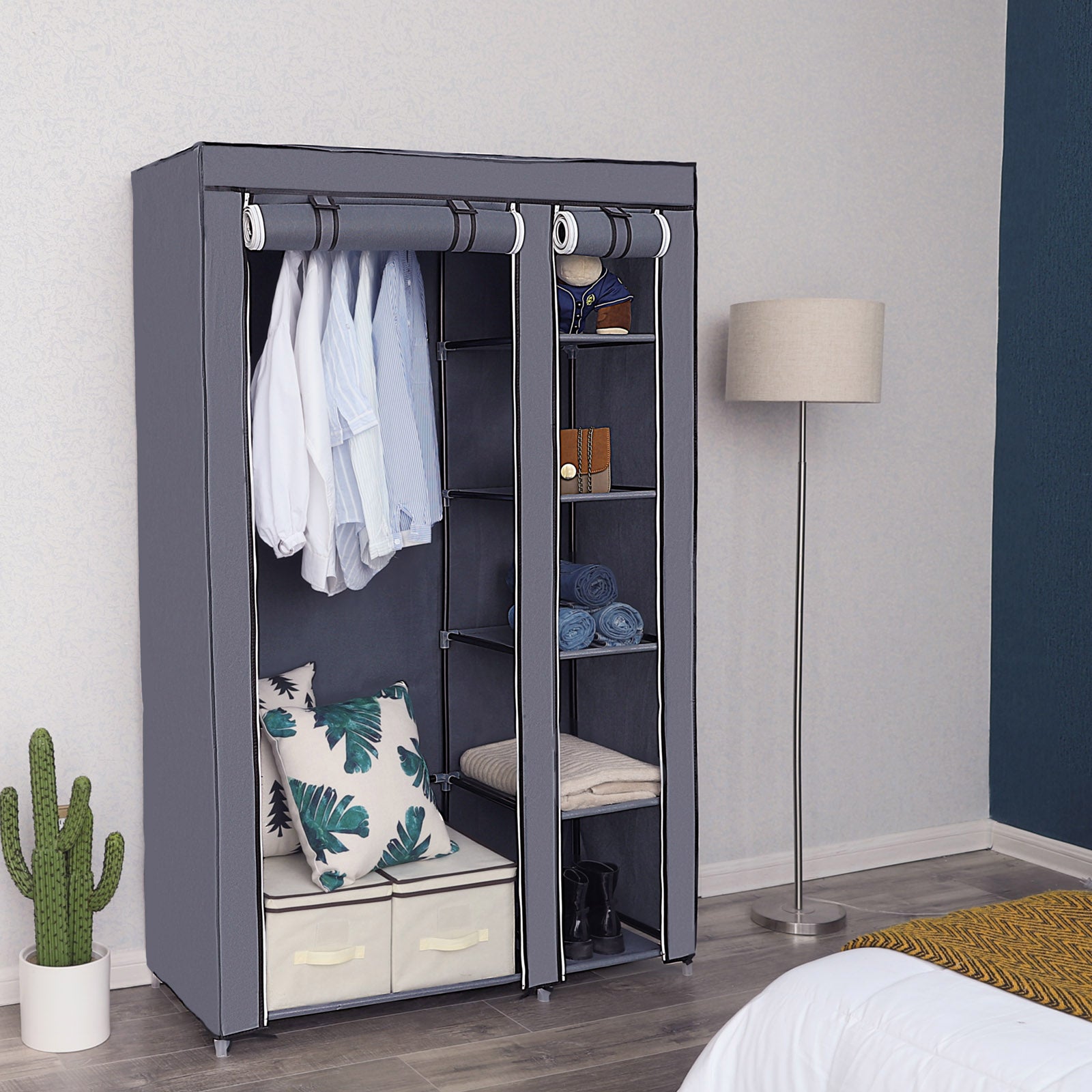 Portable Clothes Closet – Canvas – Grey – Double Wardrobe with 6 Shelves and Hanging Rail
