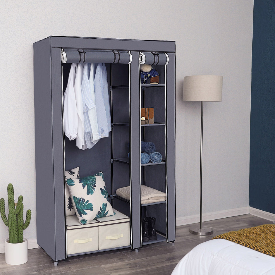 Portable Clothes Closet – Canvas – Grey – Double Wardrobe with 6 Shelves and Hanging Rail