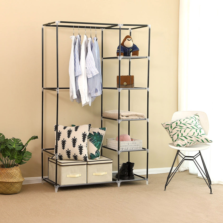 Portable Clothes Closet – Canvas – Grey – Double Wardrobe with 6 Shelves and Hanging Rail