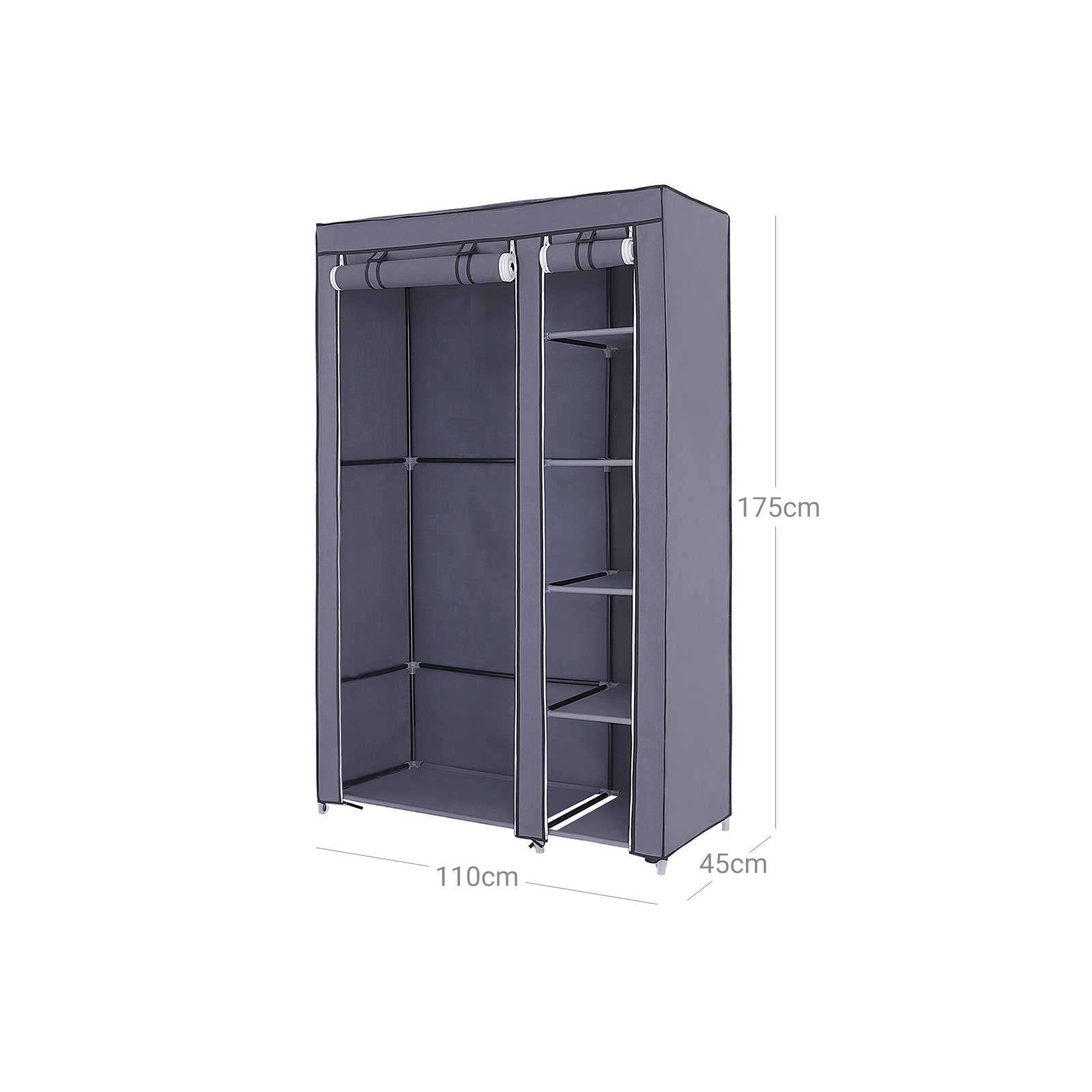 Portable Clothes Closet – Canvas – Grey – Double Wardrobe with 6 Shelves and Hanging Rail