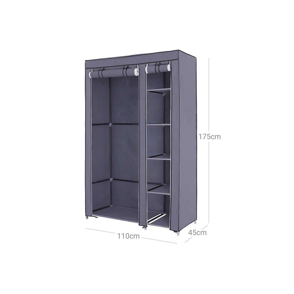 Portable Clothes Closet – Canvas – Grey – Double Wardrobe with 6 Shelves and Hanging Rail