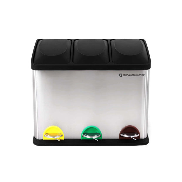 Recycling Bin – Stainless Steel – Silver – 45 Litre Waste Separation System with Three Detachable Compartments