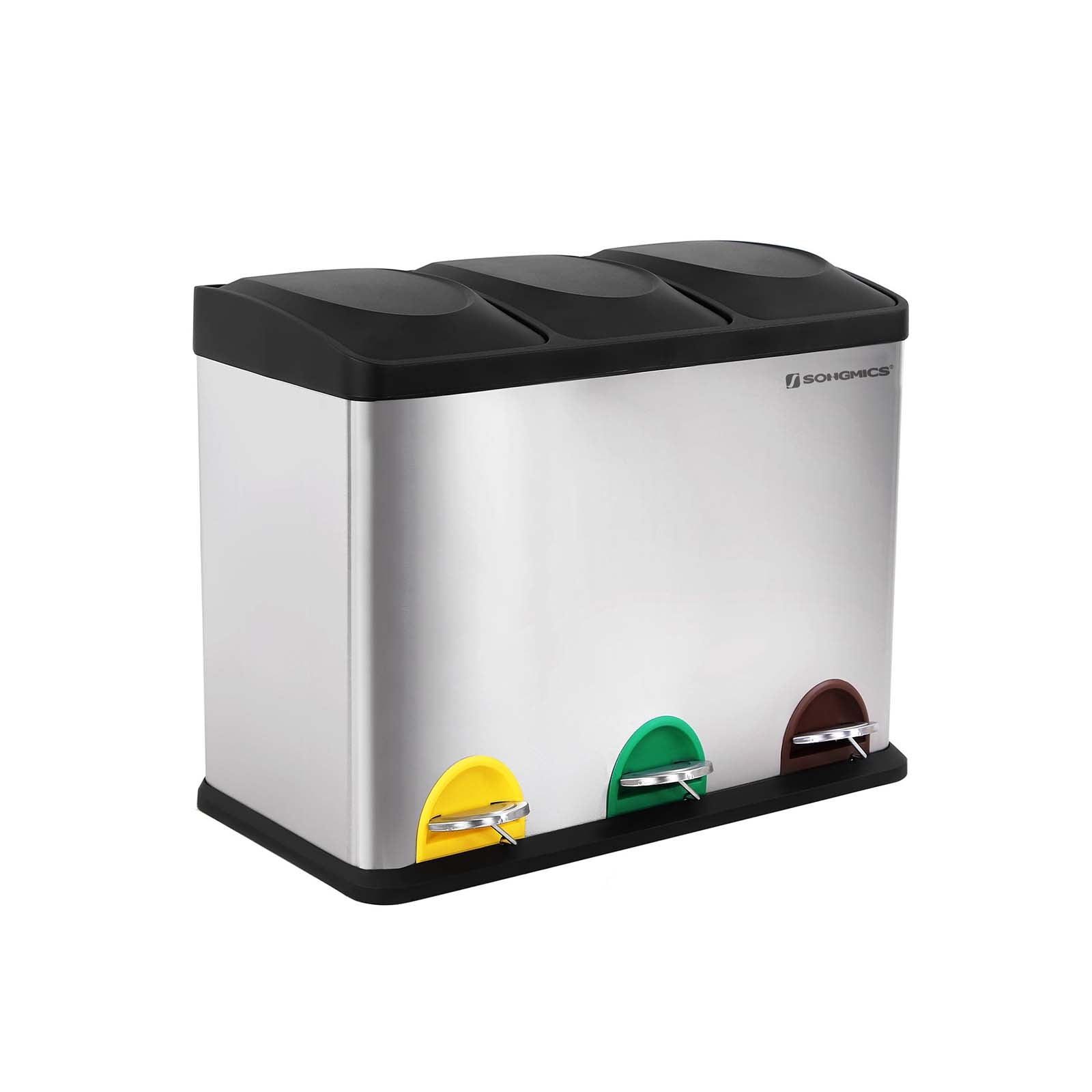Recycling Bin – Stainless Steel – Silver – 45 Litre Waste Separation System with Three Detachable Compartments