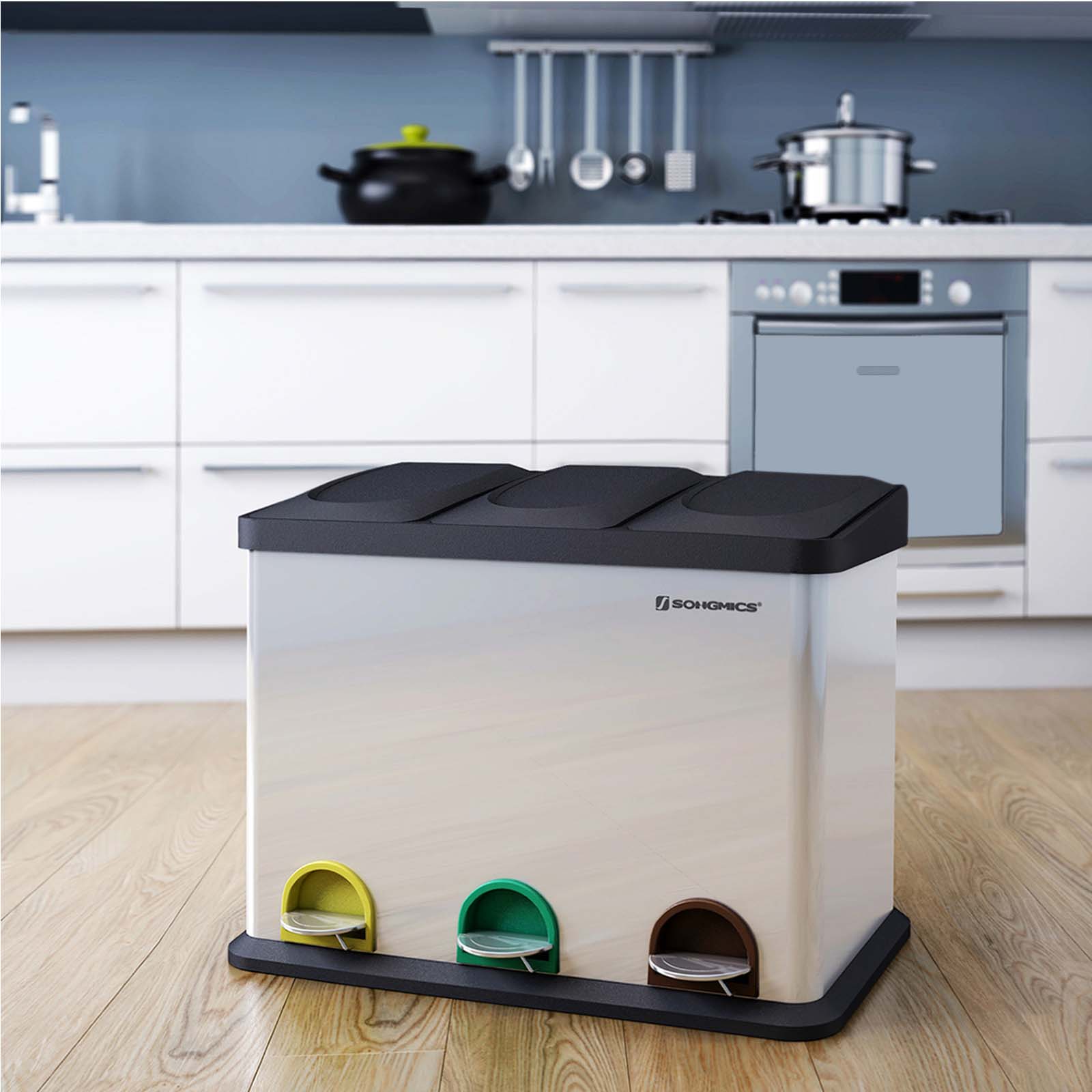 Recycling Bin – Stainless Steel – Silver – 45 Litre Waste Separation System with Three Detachable Compartments