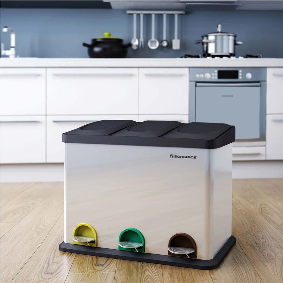 Recycling Bin – Stainless Steel – Silver – 45 Litre Waste Separation System with Three Detachable Compartments