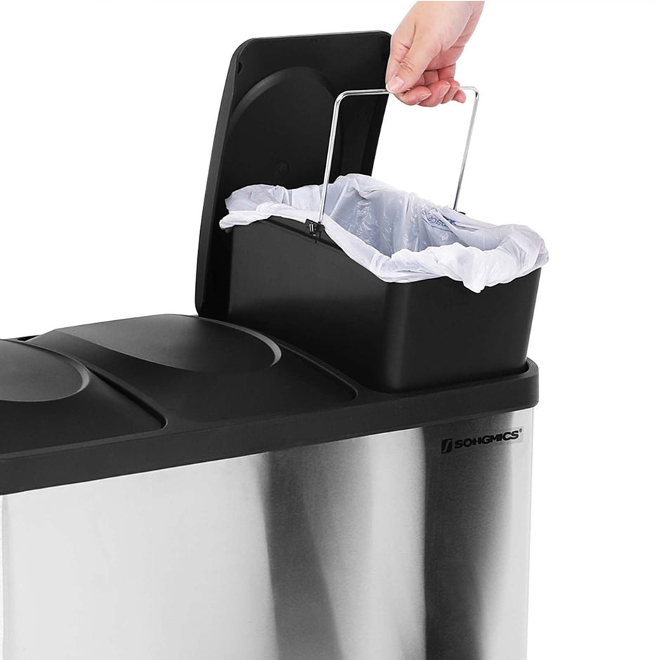 Recycling Bin – Stainless Steel – Silver – 45 Litre Waste Separation System with Three Detachable Compartments