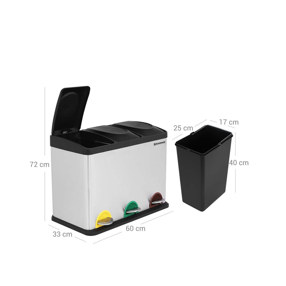 Recycling Bin – Stainless Steel – Silver – 45 Litre Waste Separation System with Three Detachable Compartments