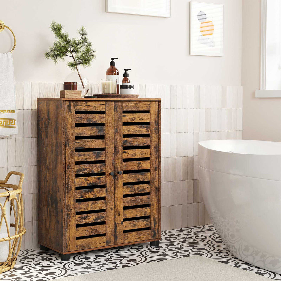 Bathroom Floor Cabinet – Wood – Rustic Brown – Multipurpose with Adjustable Shelf and Louvred Doors