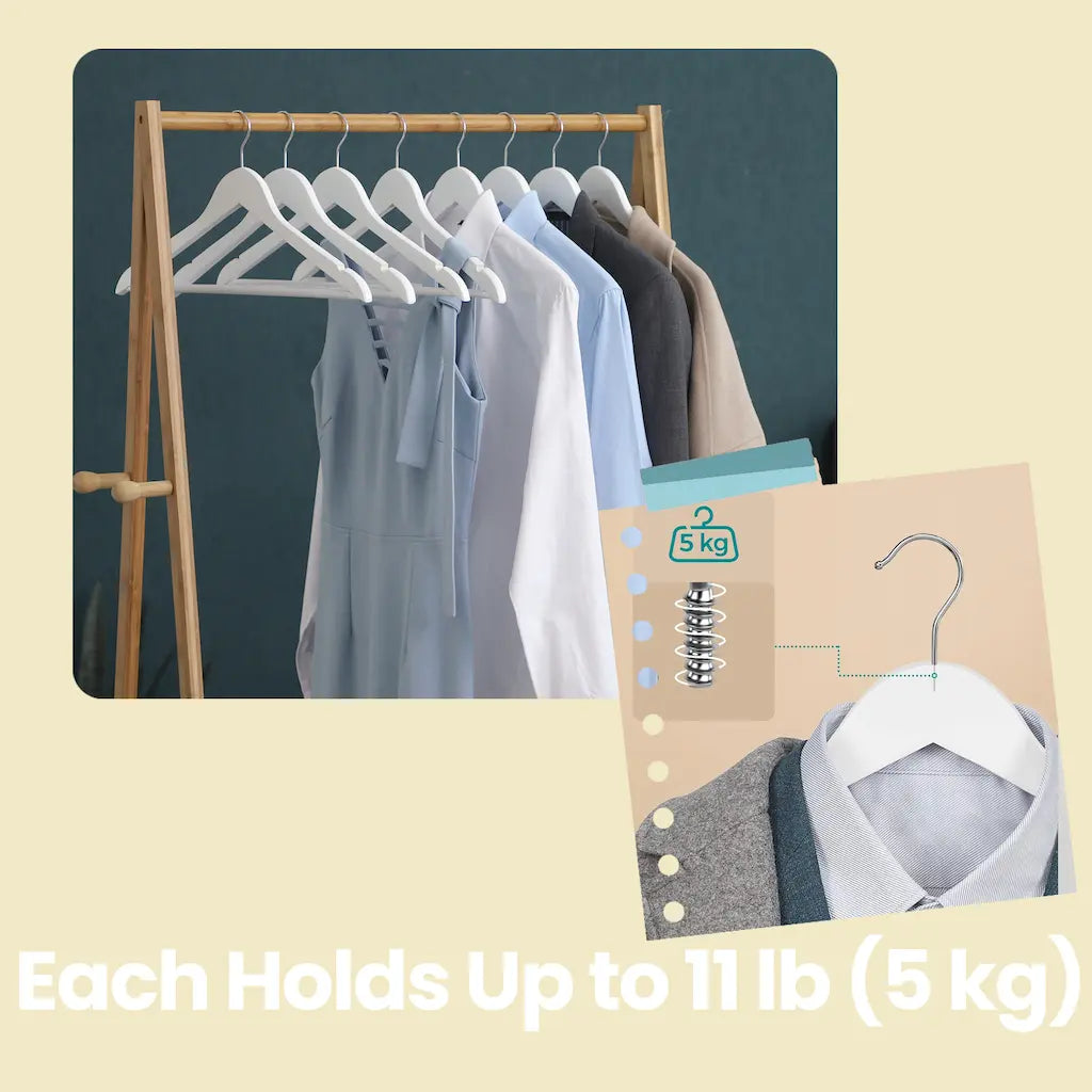 Coat Hangers – Wood – White and Silver – Set of 20 with Shoulder Notches and Anti-Slip Trousers Bar