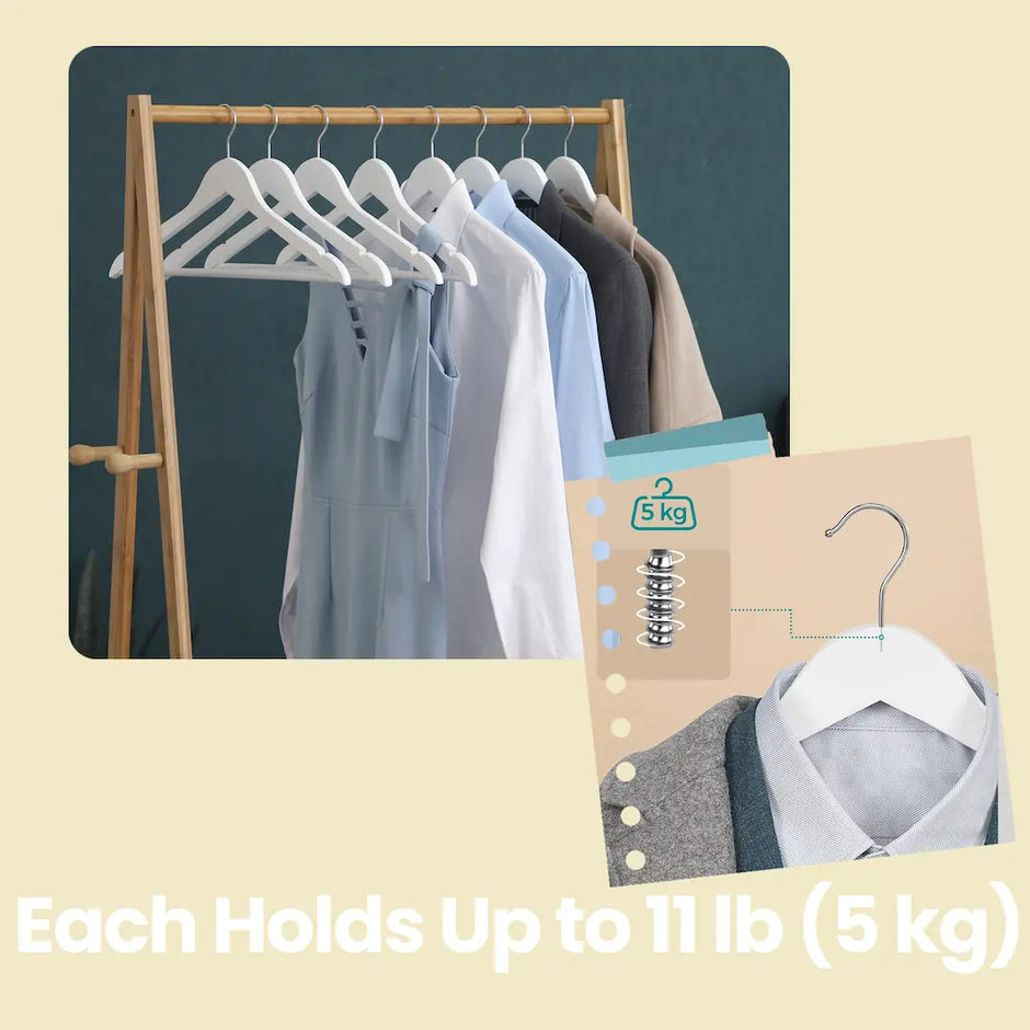 Coat Hangers – Wood – White and Silver – Set of 20 with Shoulder Notches and Anti-Slip Trousers Bar
