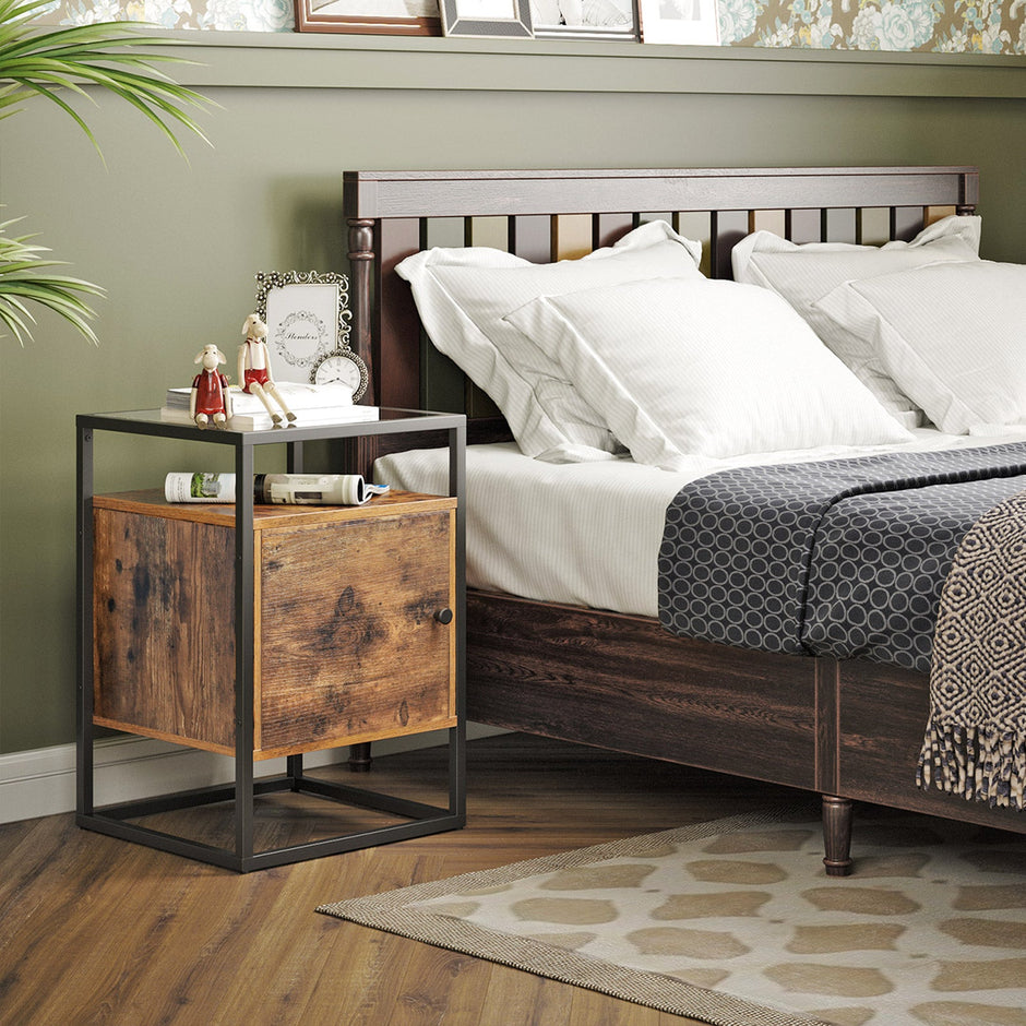 Side Table – Tempered Glass and Wood – Rustic Brown – Industrial Design with Cupboard