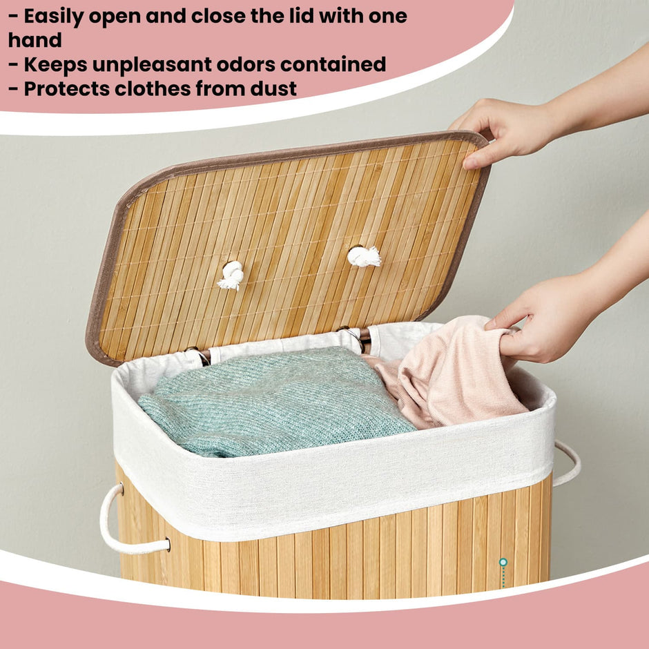Foldable Laundry Hamper – Bamboo – Natural – 72 L Capacity with Lid and 3 Handles