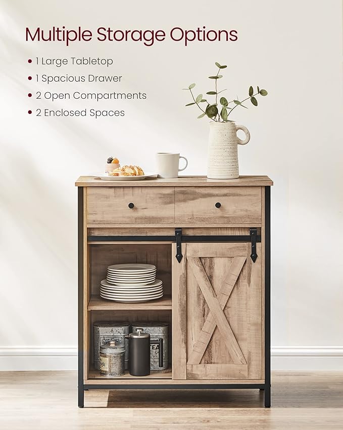 Freestanding Storage Cabinet – Wood – Rustic Brown and Black – Sliding Barn Door and Drawer