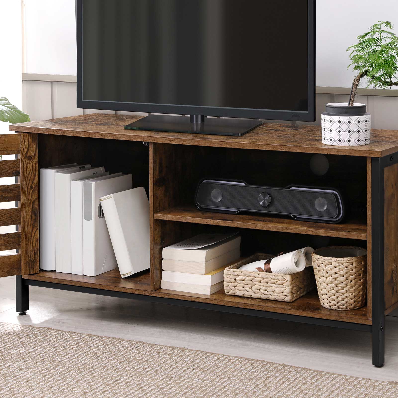TV Cabinet – Wood and Metal – Rustic Brown and Black – Louvred Door with 2 Shelves