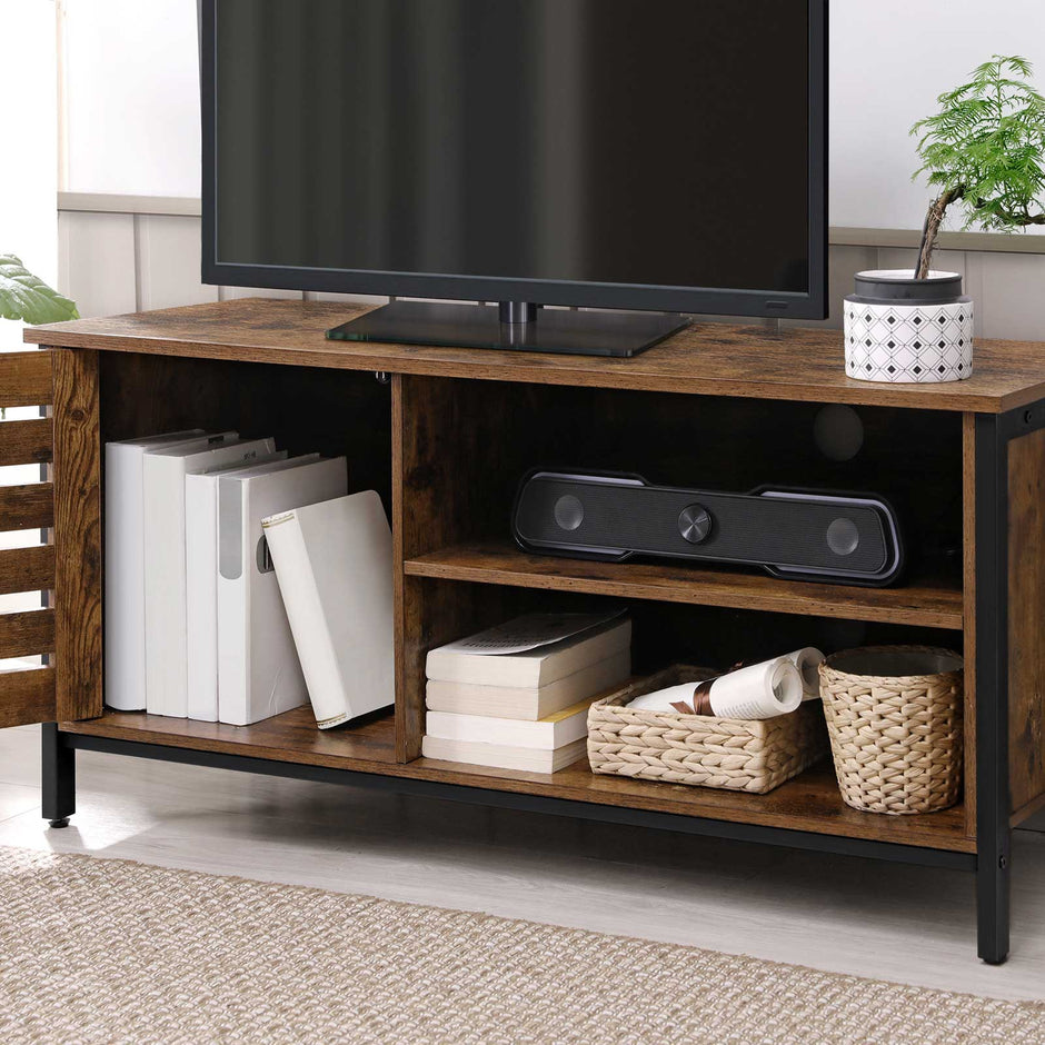 TV Cabinet – Wood and Metal – Rustic Brown and Black – Louvred Door with 2 Shelves