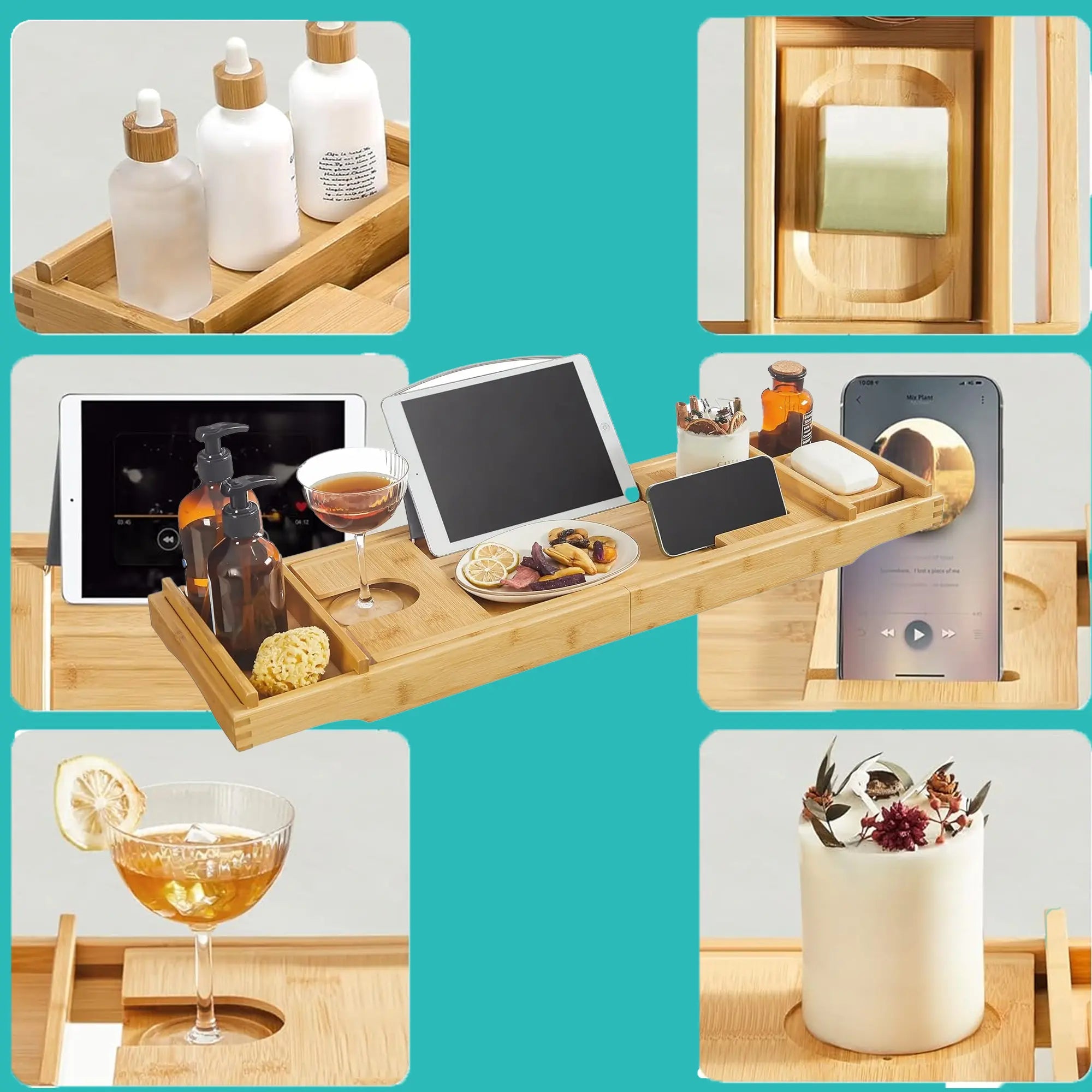 Extendable Bath Shelf – Bamboo – Natural – Includes Drink Holder, Bookend, and Soap Holder