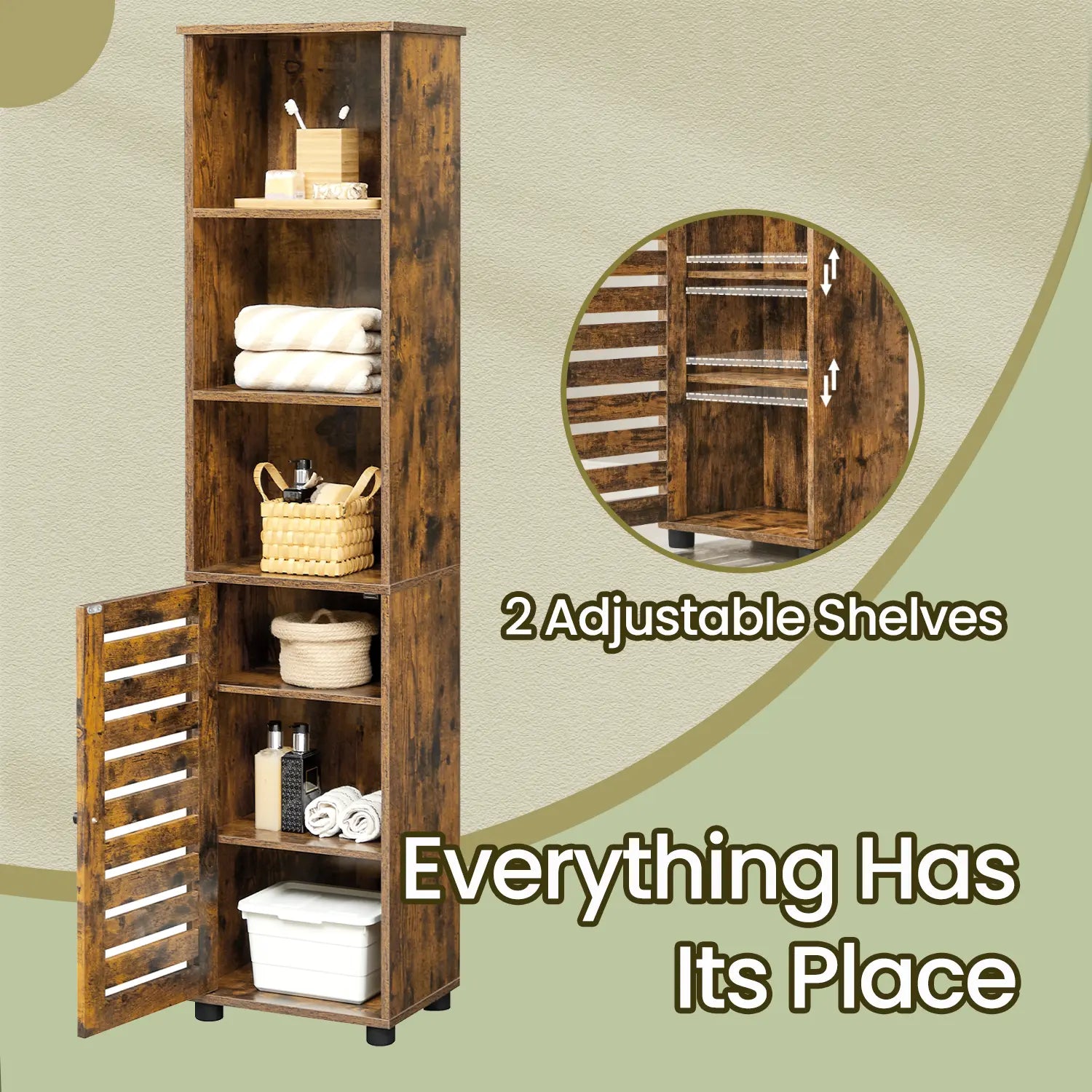 Tall Bathroom Storage Cabinet – Engineered Wood – Rustic Brown – Freestanding with Open and Adjustable Shelves