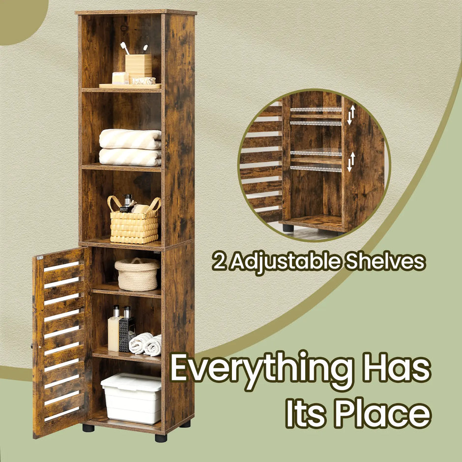 Tall Bathroom Storage Cabinet – Engineered Wood – Rustic Brown – Freestanding with Open and Adjustable Shelves