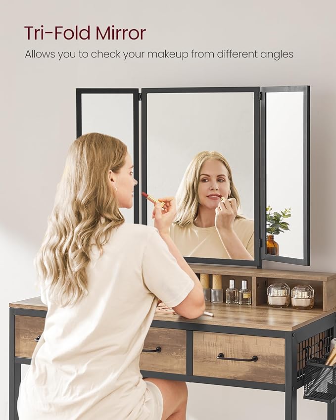 Dressing Table – Wood – Industrial Style – Tri-Fold Mirror, 3 Drawers, Hair Dryer Holder