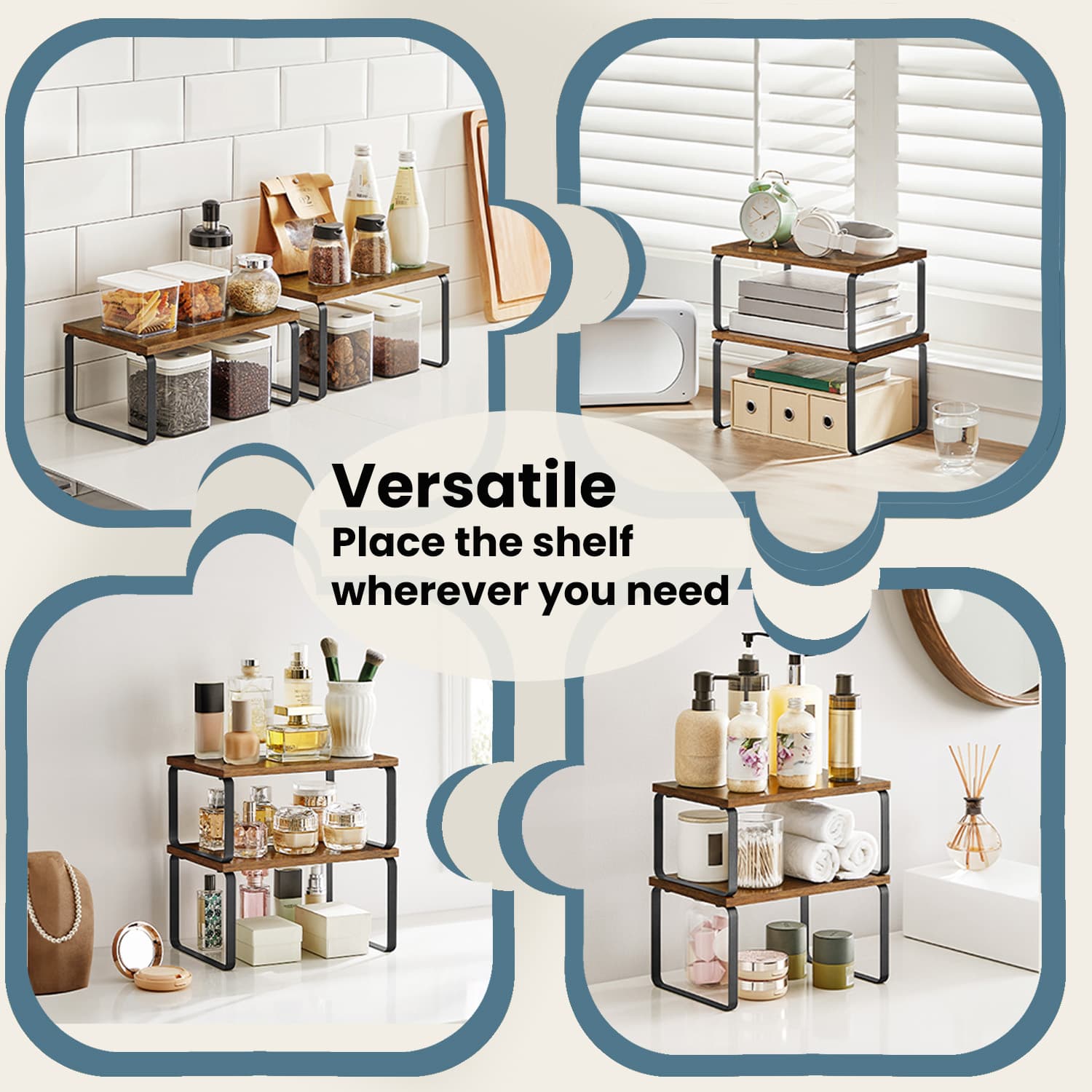 Spice Rack Set – Metal and Engineered Wood – Apricot Orange – Expandable and Stackable Kitchen Organiser