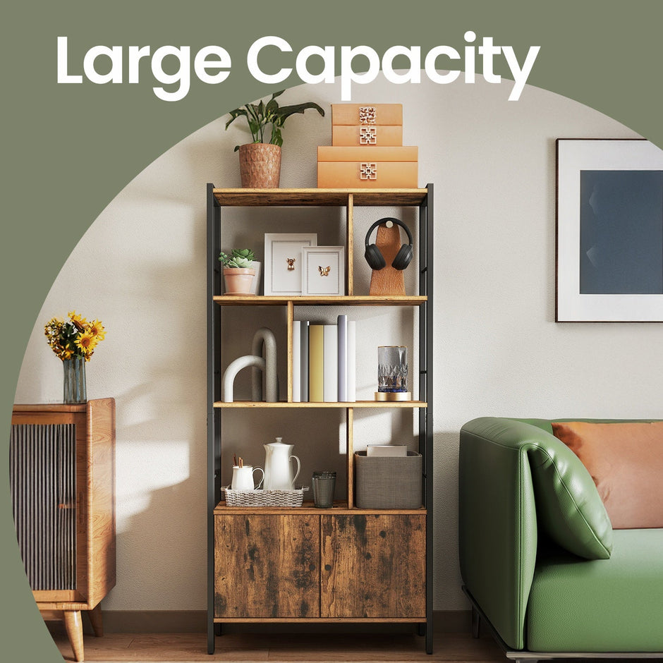 Large Bookcase – Wood – Camel Brown and Ink Black – With Doors and Tall Legs