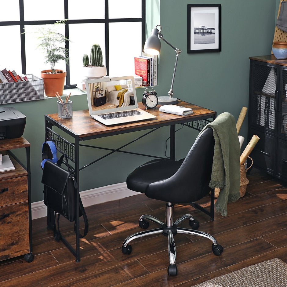 Folding Writing Desk – Wood and Metal – Rustic Brown and Black – 8 Hooks, No Tools Required