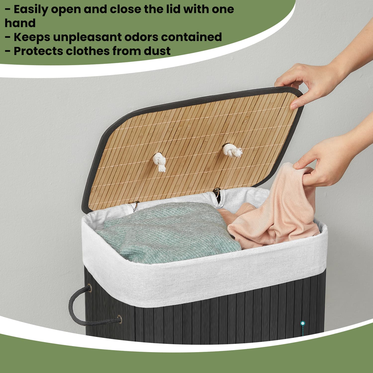 Foldable Laundry Hamper – Bamboo – Natural – 72 L Capacity with Lid and 3 Handles