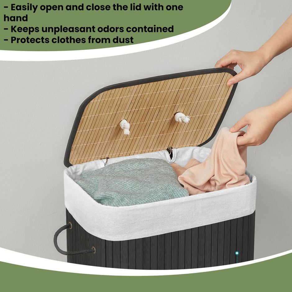 Foldable Laundry Hamper – Bamboo – Natural – 72 L Capacity with Lid and 3 Handles