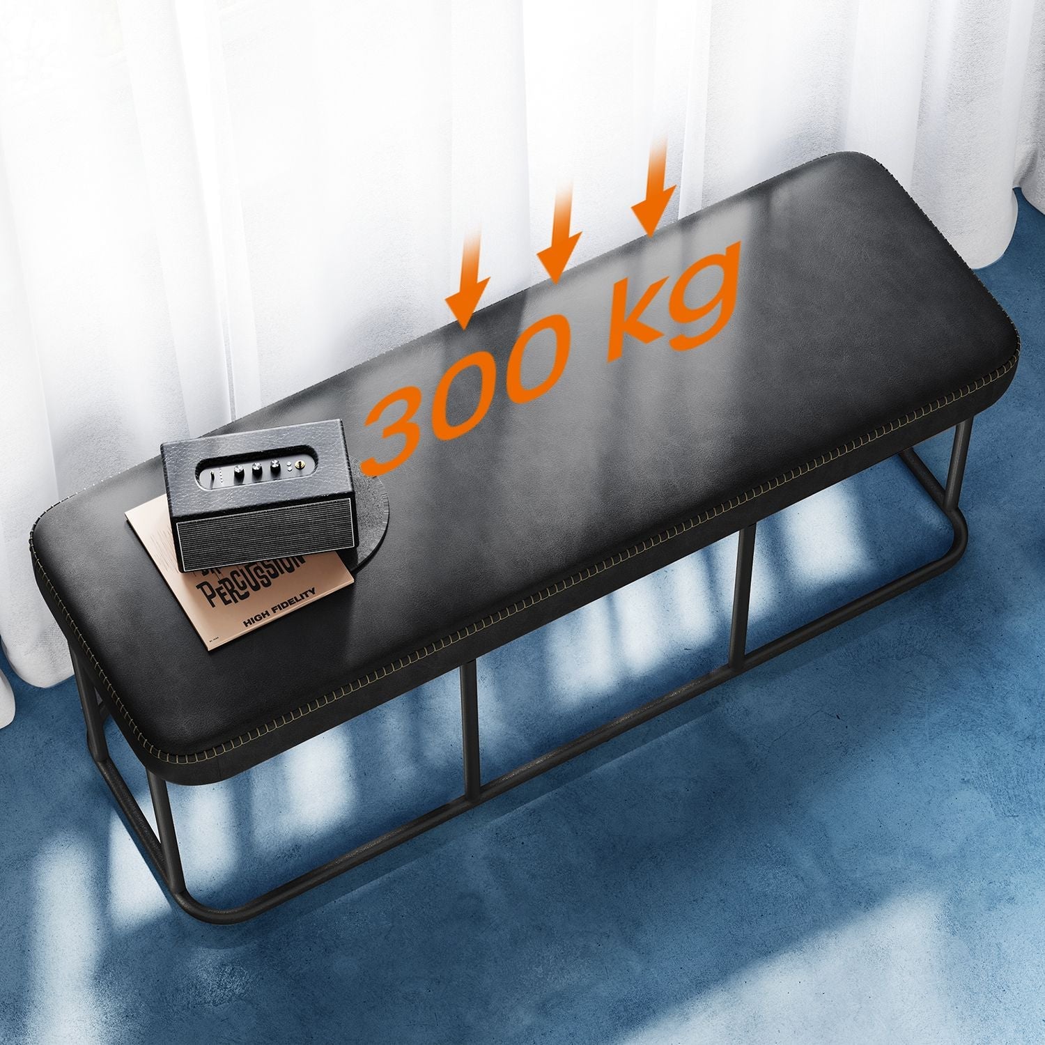Ottoman Bench – Synthetic Leather – Black – Mid-Century Modern Design with Steel Frame
